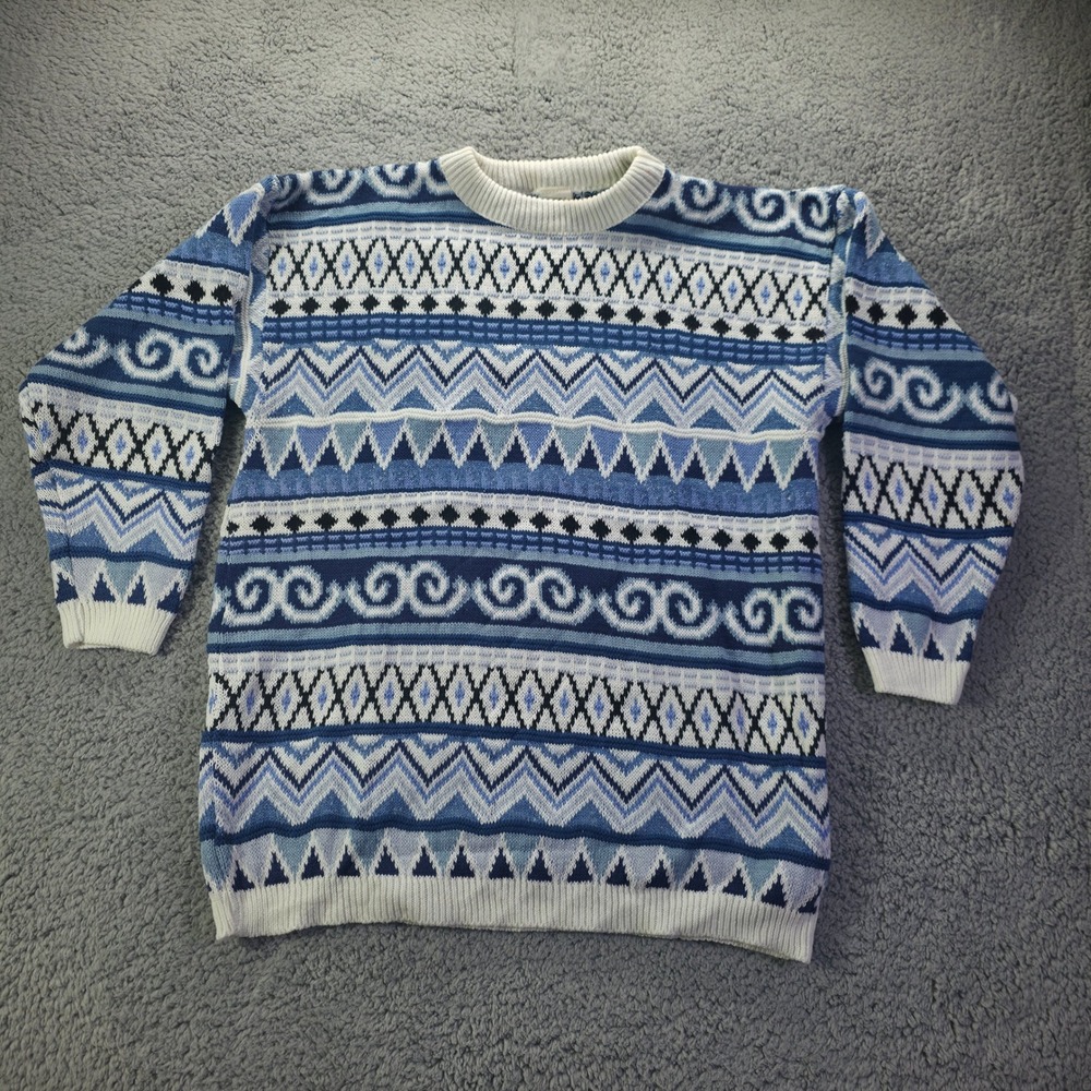 Vintage Clifford & Wills Blue Geometric Fair Isle Cotton Sweater XL Made in USA
